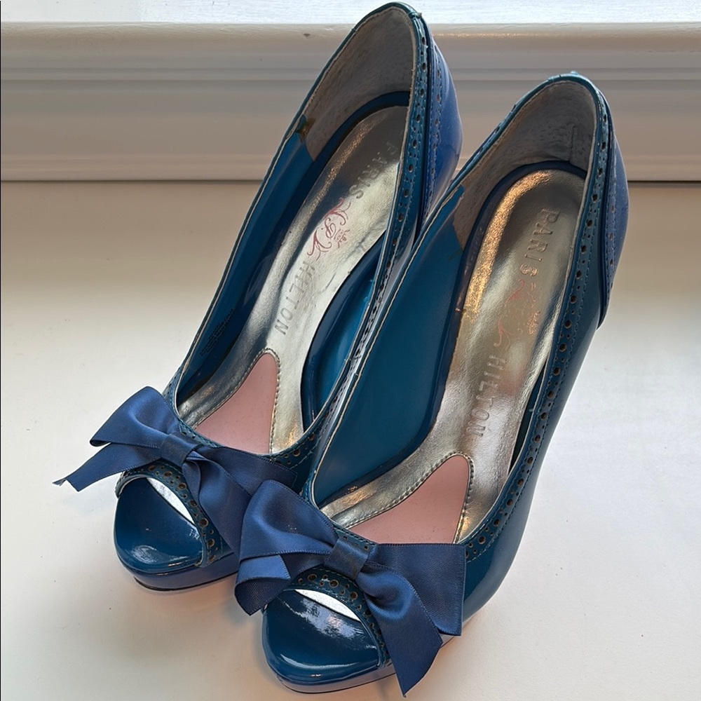 Paris Hilton Blue Stiletto Heels with Bow Detail